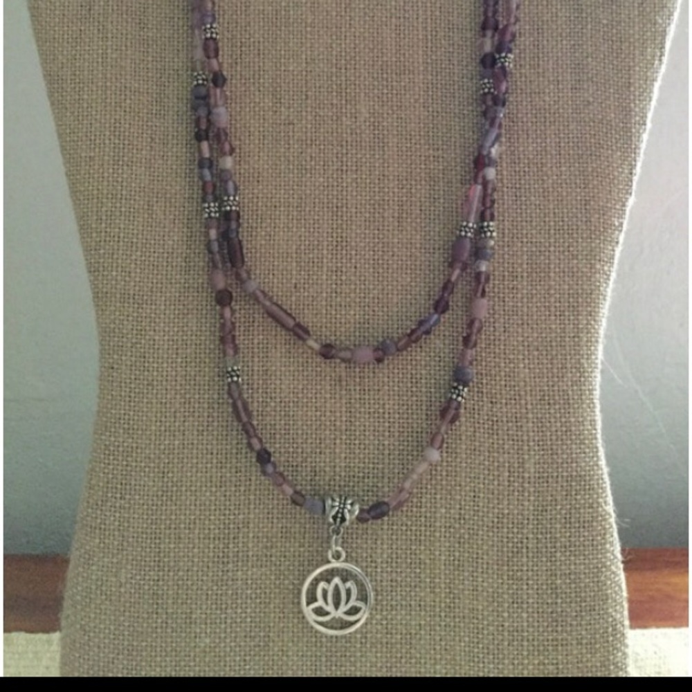 Handmade, unique, individual double strand mix glass bead lotus charm necklace